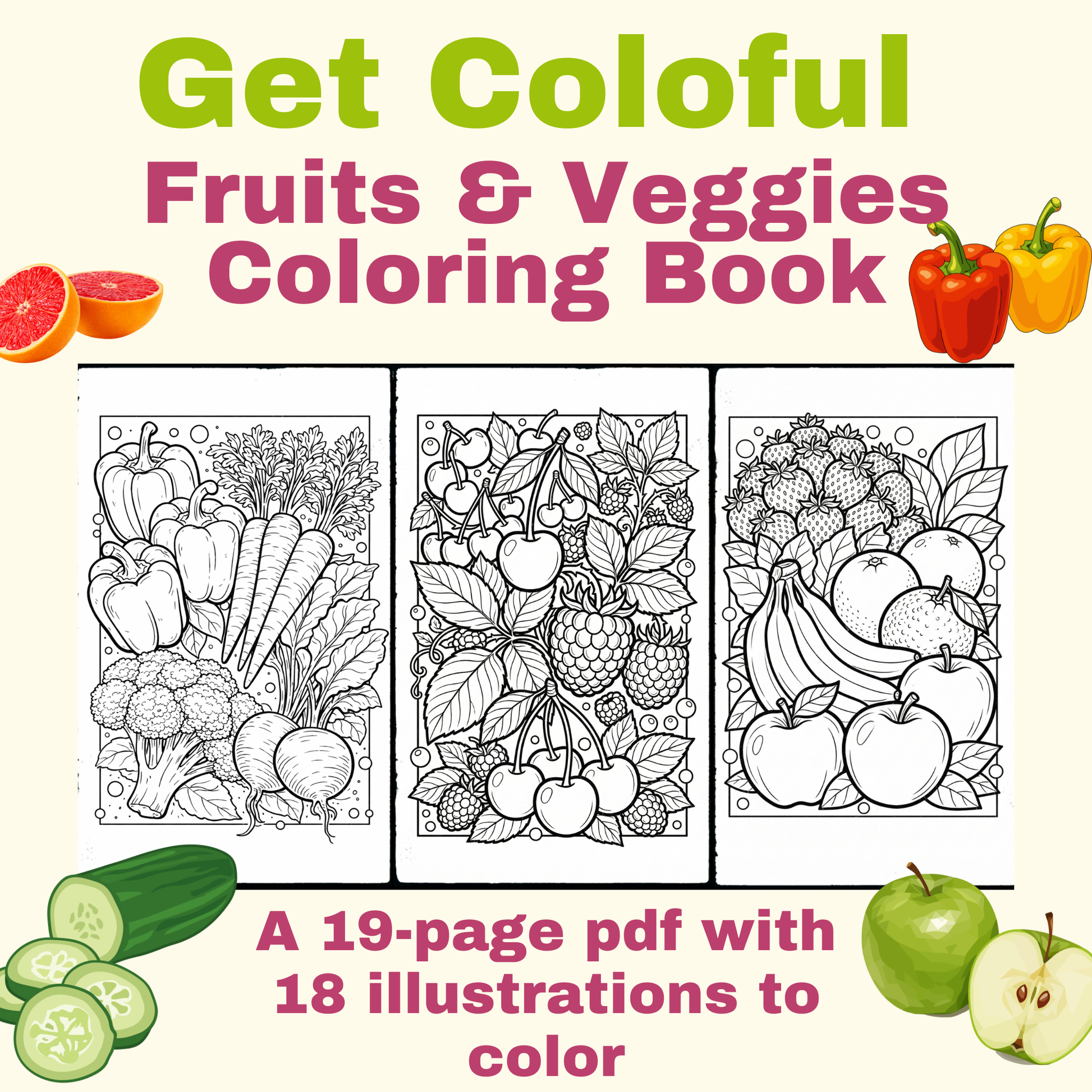 Printable Get Colorful Fruits & Veggies Coloring Book
